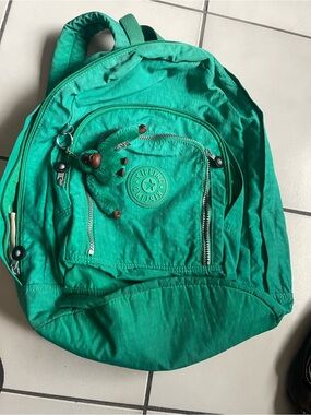 Kipling Teal Green Nylon Backpack with Monkey Charm